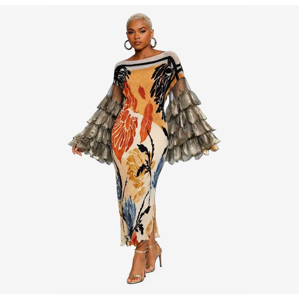 Golden Bloom Ruffle Sleeve Midi Dress